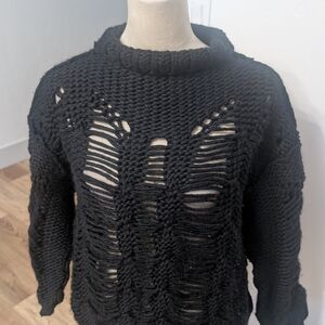 Black Distressed Chunky Knit Turtleneck Sweater